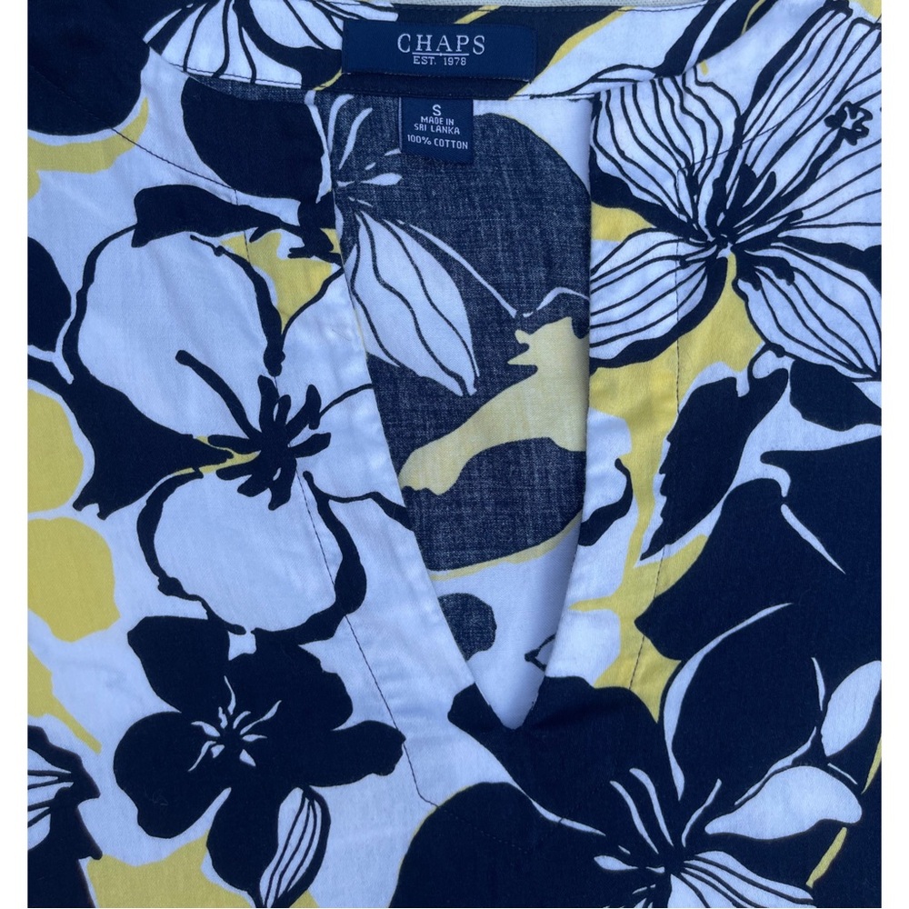Chaps Woman's Floral V-Neck Tunic Blouse - Navy Blue, White & Yellow. Size S - Picture 4 of 6